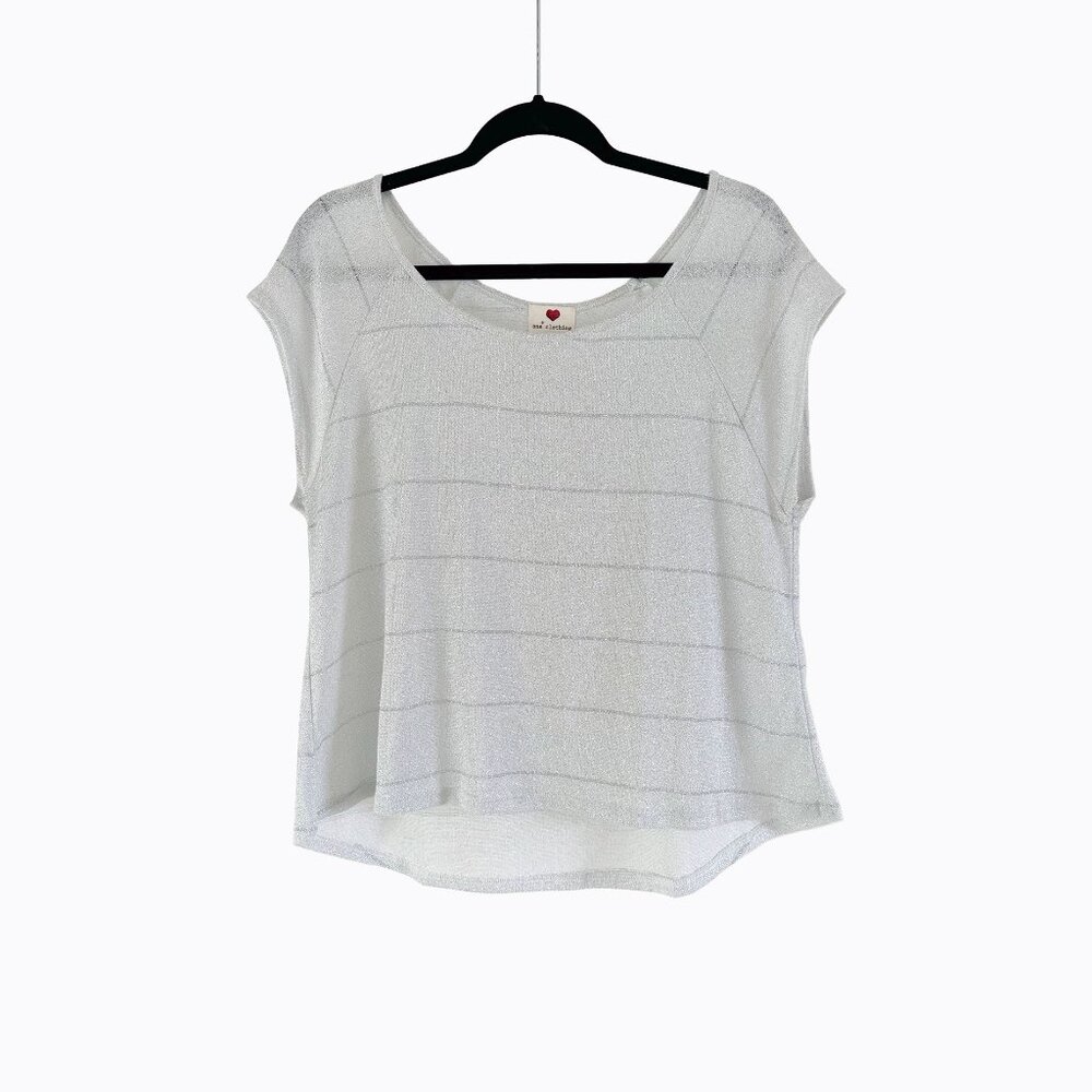 Semi-Sheer Silver Striped Top M/L Metallic Shimmer Short Sleeve Y2K Clean Girl